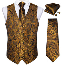 deep brown gold floral silk mens dress suit vest pocket square cufflinks set for business