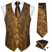 deep brown gold floral silk mens dress suit vest pocket square cufflinks set for business