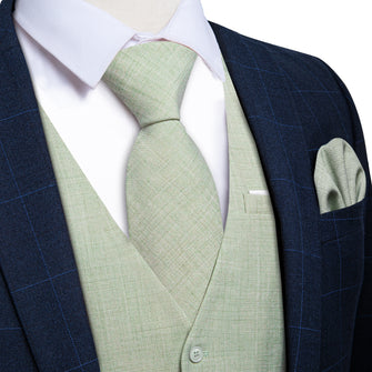 Green Solid V Neck Vest Neck Bow Tie Handkerchief Cufflinks Set