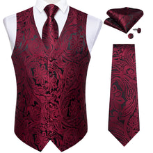 DiBanGu Black Red Paisley V Neck Silk Mens Vest Tie Set