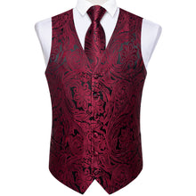 DiBanGu Black Red Paisley V Neck Silk Mens Vest Tie Set