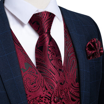 DiBanGu Black Red Paisley V Neck Silk Mens Vest Tie Set