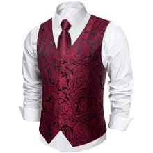 DiBanGu Black Red Paisley V Neck Silk Mens Vest Tie Set