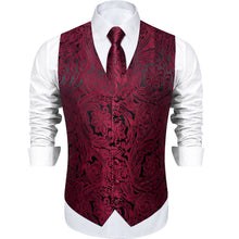 DiBanGu Black Red Paisley V Neck Silk Mens Vest Tie Set