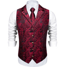 DiBanGu Red Black Paisley Silk Notched Collar Slim Fit Mens Waistcoat Tie Set