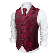 DiBanGu Red Black Paisley Silk Notched Collar Slim Fit Mens Waistcoat Tie Set