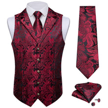 DiBanGu Red Black Paisley Silk Notched Collar Slim Fit Mens Waistcoat Tie Set