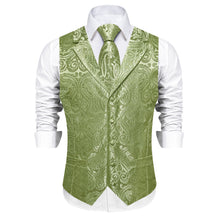 DiBanGu Sage Green Paisley Notched Collar Silk Mens Vest Tie Set