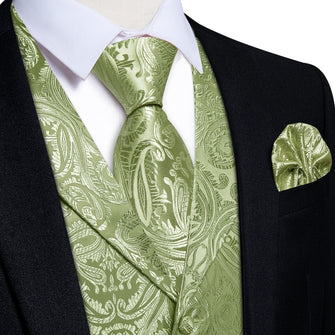 DiBanGu Sage Green Paisley Notched Collar Silk Mens Vest Tie Set