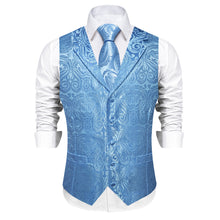 DiBanGu Sky Blue Paisley Notched Collar Silk Mens Vest Tie Set