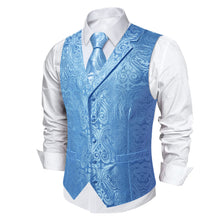 DiBanGu Sky Blue Paisley Notched Collar Silk Mens Vest Tie Set