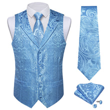 DiBanGu Sky Blue Paisley Notched Collar Silk Mens Vest Tie Set