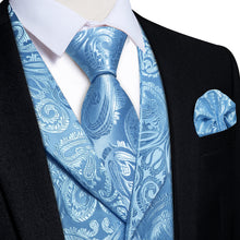 DiBanGu Sky Blue Paisley Notched Collar Silk Mens Vest Tie Set