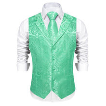 DiBanGu Mint Green Paisley Notched Collar Silk Mens Vest Tie Set