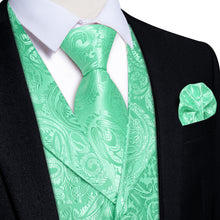 DiBanGu Mint Green Paisley Notched Collar Silk Mens Vest Tie Set