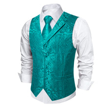 DiBanGu Light Sea Green Paisley Notched Collar Silk Mens Vest Tie Set