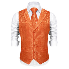 DiBanGu Flame Orange Paisley Notched Collar Silk Mens Vest Tie Set