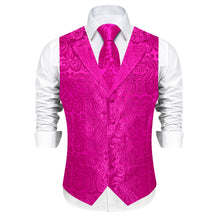 DiBanGu Hot Pink Paisley Notched Collar Silk Mens Vest Tie Set