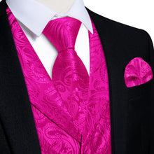 DiBanGu Hot Pink Paisley Notched Collar Silk Mens Vest Tie Set