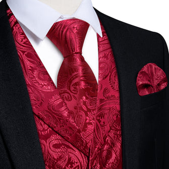 DiBanGu Burgundy Paisley Notched Collar Silk Mens Vest Tie Set