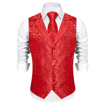 DiBanGu Pure Red Paisley Notched Collar Silk Mens Vest Tie Set