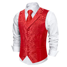 DiBanGu Pure Red Paisley Notched Collar Silk Mens Vest Tie Set