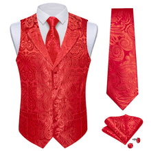 DiBanGu Pure Red Paisley Notched Collar Silk Mens Vest Tie Set