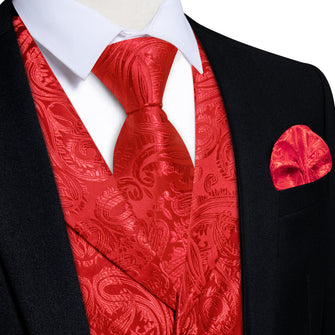 DiBanGu Pure Red Paisley Notched Collar Silk Mens Vest Tie Set