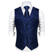 DiBanGu Deep Blue Paisley Notched Collar Silk Mens Vest Tie Set