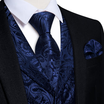 DiBanGu Deep Blue Paisley Notched Collar Silk Mens Vest Tie Set