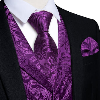 DiBanGu Dark Purple Paisley Notched Collar Silk Mens Vest Tie Set