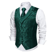 DiBanGu Dark Green Paisley Notched Collar Silk Mens Vest Tie Set