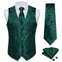 DiBanGu Dark Green Paisley Notched Collar Silk Mens Vest Tie Set