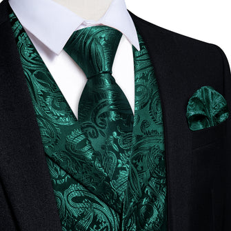 DiBanGu Dark Green Paisley Notched Collar Silk Mens Vest Tie Set