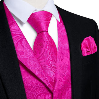 DiBanGu Bright Pink Paisley Silk Notched Collar Slim Fit Mens Waistcoat Tie Set