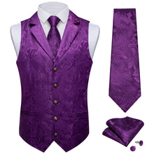 DiBanGu Purple Paisley Silk Notched Collar Slim Fit Mens Waistcoat Tie Set