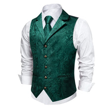 DiBanGu Phthalo Green Paisley Silk Notched Collar Slim Fit Mens Waistcoat Tie Set