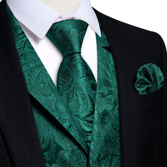 DiBanGu Phthalo Green Paisley Silk Notched Collar Slim Fit Mens Waistcoat Tie Set