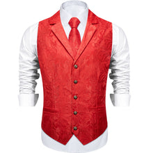 DiBanGu Pure Red Paisley Silk Notched Collar Slim Fit Mens Waistcoat Tie Set