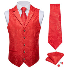 DiBanGu Pure Red Paisley Silk Notched Collar Slim Fit Mens Waistcoat Tie Set