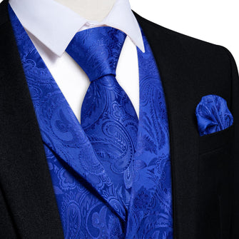 DiBanGu Royal Blue Paisley Silk Notched Collar Slim Fit Mens Waistcoat Tie Set