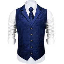 DiBanGu Oxford Blue Paisley Silk Notched Collar Slim Fit Mens Waistcoat Tie Set