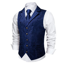 DiBanGu Oxford Blue Paisley Silk Notched Collar Slim Fit Mens Waistcoat Tie Set