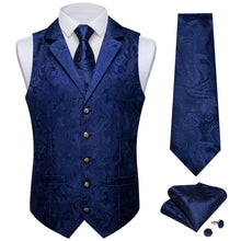 DiBanGu Oxford Blue Paisley Silk Notched Collar Slim Fit Mens Waistcoat Tie Set