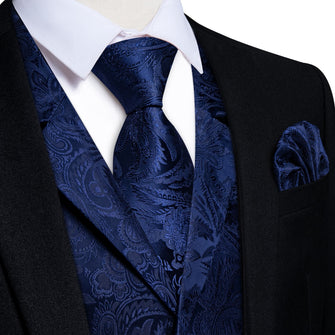 DiBanGu Oxford Blue Paisley Silk Notched Collar Slim Fit Mens Waistcoat Tie Set