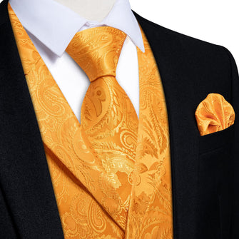 DiBanGu Carrot Orange Paisley Silk Notched Collar Slim Fit Mens Waistcoat Tie Set