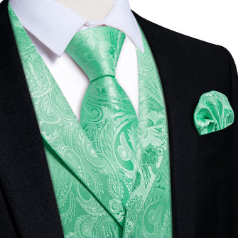 DiBanGu Magic Mint Green Paisley Silk Notched Collar Slim Fit Mens Waistcoat Tie Set