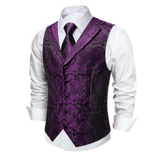 DiBanGu Dark Purple Paisley Notched Collar Silk Mens Dress Vest Tie Set