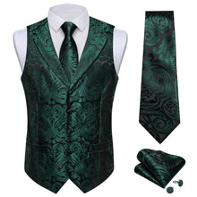 DiBanGu Dark Green Paisley Notched Collar Silk Mens Dress Vest Tie Set