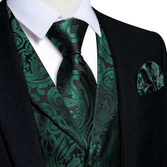 DiBanGu Dark Green Paisley Notched Collar Silk Mens Dress Vest Tie Set